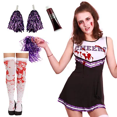 Zombie Cheerleader Costume Halloween Fancy Dress Outfit Bloody 4 PIECE SET • £16.95