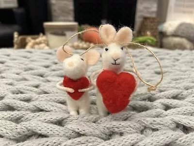 Handcrafted Wool Felt Mice Holding Red Hearts Ornaments! • $25