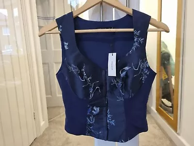 Karen Millen Floral Jacquard Zip Front Woven Corset Top - Size 8 - Navy • £15