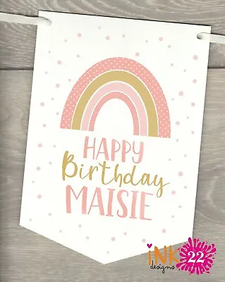 Personalised Rainbow Birthday Party Banner Bunting Flags Rose & Gold Any Name • £4.99