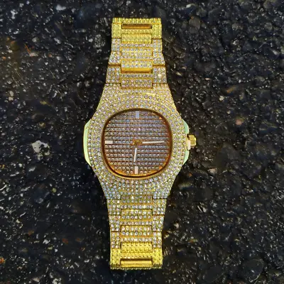 Shiny Diamond Watch Pendant Watch Set Gold Iced Bling Bling Rapper Jewellery  • £9.99