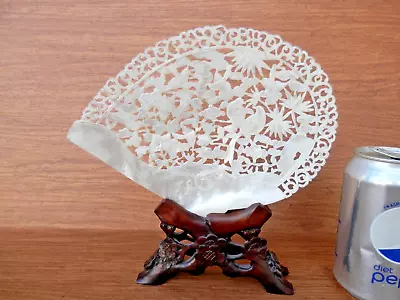Mother Of Pearl Carved Fan On Carved Stand Pierce Garden Scene VGC Free S/H • $149.99