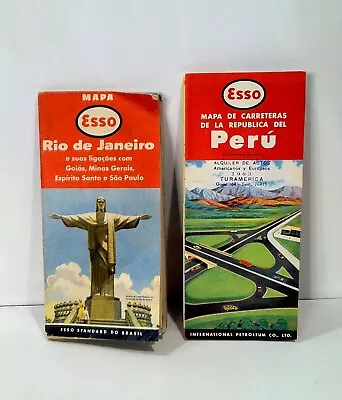 Vintage 1954 Esso Oil Rio De Janeiro & 1958 Peru Road Map Advertising Sign RARE • $65