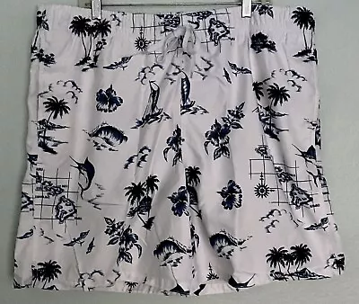 Men’s Merona Swim Trunks Hawaiian White W/Blue Graphics Drawstring Pockets Sz XL • $9.99