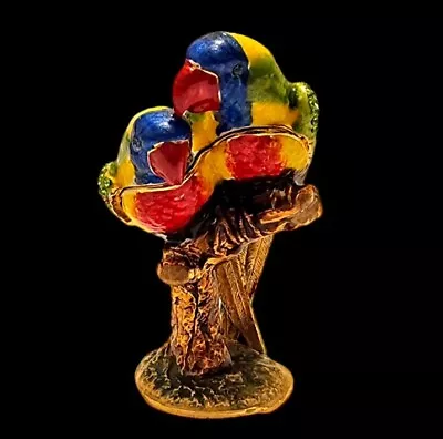 Exotic Love Birds Parrots Enamel Jeweled Trinket Box Austrian Crystal Studded • $29