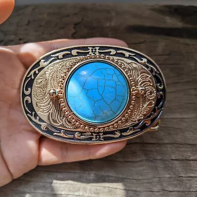 Gold Inlay Oval Turquoise Mens Belt Buckle - Vintage Style Zircon Alloy Buckle • $13.99