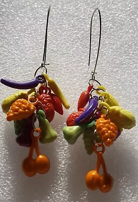 Pair Of Silver Metal And Plastic Multicolour Fruit Dangle Hook Earrings Carnival • $8