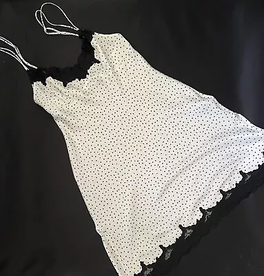 La Senza White & Black Dots 100% Luxury Silk Chemise With Appliqué Lace Size 14 • £26.50