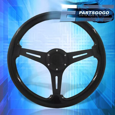 Universal 350mm 14inch Black Wood Deep Dish Steering Wheel 6 Bolts Button • $53.99