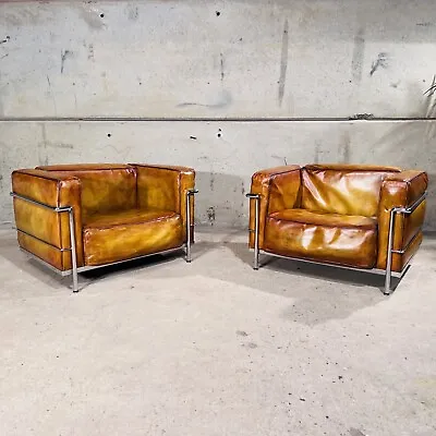 Mid Century Pair Of Corbusier Style Leather  Armchairs With Chrome Frame #5A • £1895