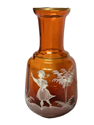 Mary Gregory Glass Root Beer Amber Color  Vase Hand Painted Gold Trim W. Germany • $35