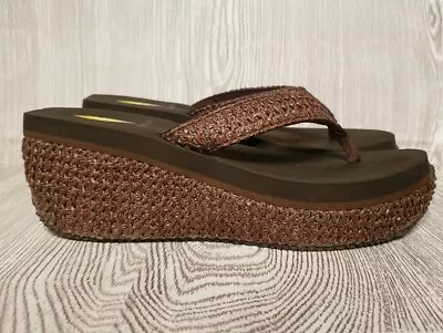 Volatile Flip Flop Platform Sandals Thong Chocolate Brown Sz 8 Rattan Wedge • $29