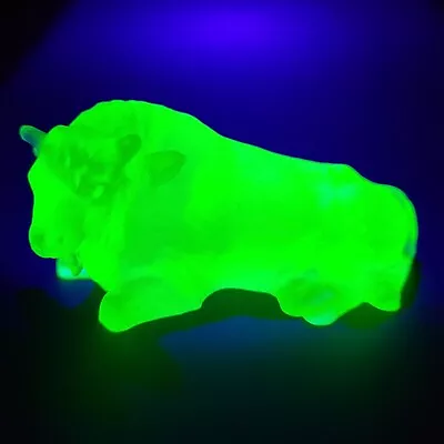 Uranium Glass Buffalo Vaseline Figurine Bison Depression Yellow Frosty Glass • $127.30