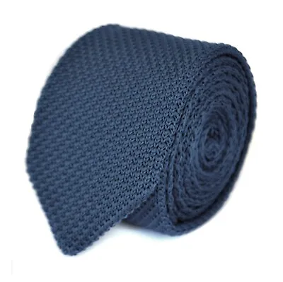 Knitted Silk Mens Tie Navy Blue Plain Skinny Pointed End By Frederick Thomas • $18.94