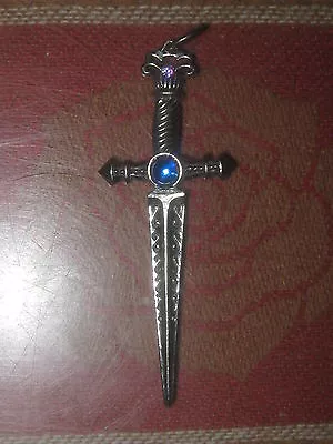 Antique Medieval USA Pewter Sword Blue Crystal Dagger Pendant Charm Necklace • $19.99