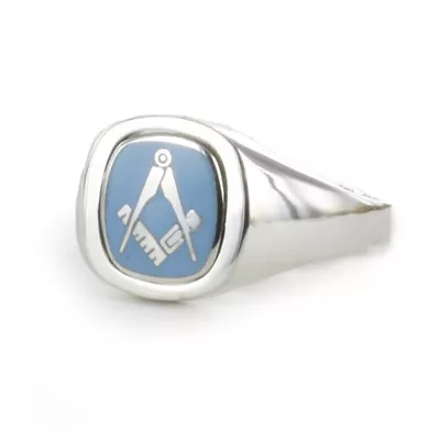 Light Blue Reversible Cushion Head Solid Silver Square And Compass Masonic Ring • £244.80