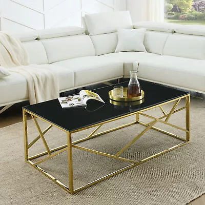 48 X26  Modern Rectangular Coffee Table Black Tempered Glass Top Gold Metal Legs • $290.84