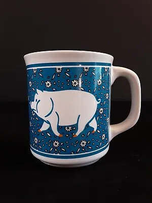 Pig Themed Coffee Tea Mug White Pigs Blue Background With Little Flowers • $7.99