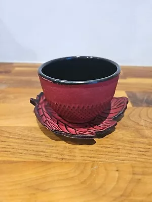 Sado Black Leaf Tea Saucer Red Cast Iron Teacup Hobnail Dot Japanese • £15