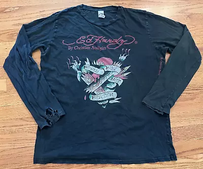 VTG Ed Hardy Long Sleeve  Bowed But Not Beaten  Shirt XL Black Distressed Worn • $29.95