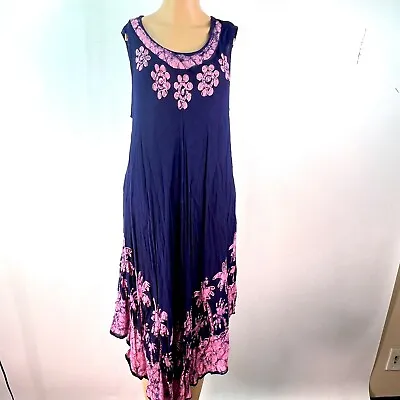 Vintage Womens Embroidered Batik Flower Sleeveless Blue Caftan Tank Dress Sz 2X • $33.99