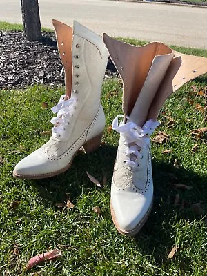 Ivory Lace Up Wedding Boots Victorian Western Leather Size 7.5 • $100