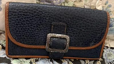 BRIGHTON  ARCHER Navy Blue & Tan Pebbled Leather Med. WALLET Organizer Clutch  • $57.99