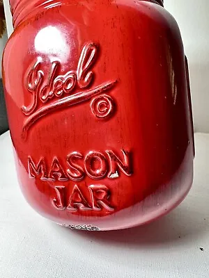 Mason Jar Ceramic Utensil Holder Gray Rustic Look. Adorable Red Collectible Jar. • $24
