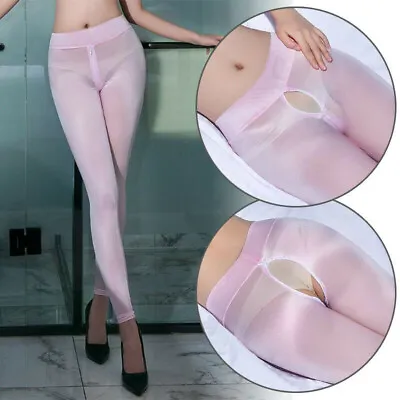 Ladies Shiny Sheer See-through Leggings Skinny Zipper Crotch Trousers Long Pants • £14.39