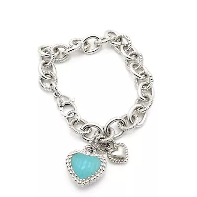 Judith Ripka Sterling Silver & Turquoise Heart Charm Bracelet 6.75  #S972-5 • $3.25