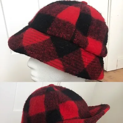 Vintage Buffalo Plaid Wool Hunting Bucket Hat Cap USA Red Black S? WOOLRICH?? • $39