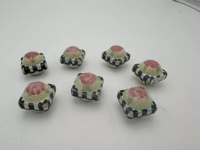 MacKenzie Childs Set Of 7 Rose & Courtly Check Drawer Pulls Knobs *chipped** • $80