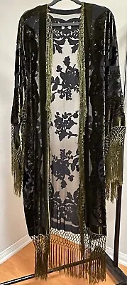 Silk Burnout Velvet Jacket Kimono Long Coat With Fringe Black/Olive/Blue OS • £134.99