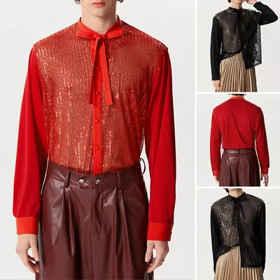 INCERUN Mens Button Tie Glitter Sequins Patchwork Tops Party Blouse T Shirt Plus • $22.79