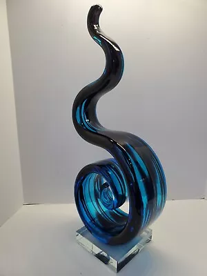 Vintage Hand Blown Art Glass Abstract Sculpture Twisted Swirl Cobalt Blues 13  • $57.99