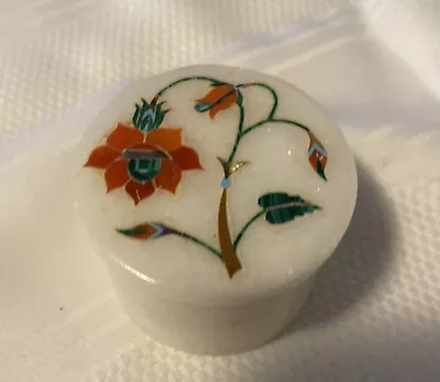 Small White Marble Trinket Box Inlay Floral Pattern Elegant Look Circle • $18.99