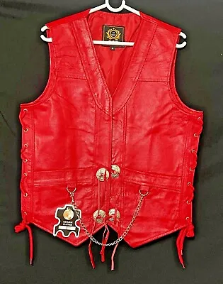 Mens RED Original COW LEATHER Vest Chain Concho Motorcycle Biker Waistcoat • $78.71