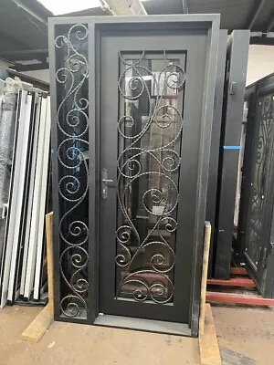 Wrought Iron Single Entry Door 42  X 96  - Floral With Sidelight • $2750