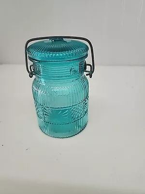 Turquoise Avon Jar Vintage Cut Glass Canister With Metal Hinged Lid • $15