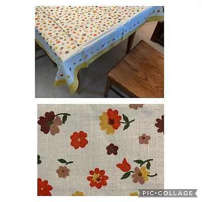 Vintage Linen Tablecloth Floral Design With Yellow Edge 51x54 NOS 1970s • $48