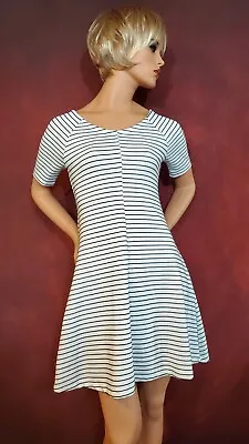 Zara TRF Wear To Work Short Sleeve Skater Dress Raglan Sleeves White Striped  L • $19.95