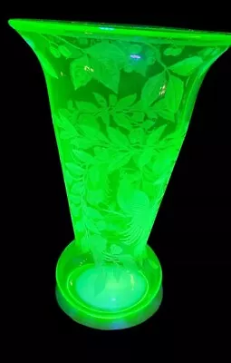 Vintage Uranium Etched Green Glass Vase Peacock Floral ~ Glows  12  Nice !!  • $129.95