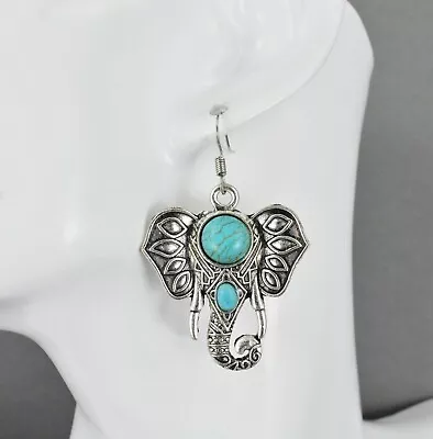 Elephant Earrings Trunk Ears Pendant 2 1/8  Long Turquoise Bead Dark Silver • $11.01