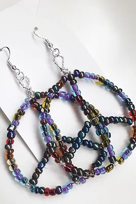 Handmade Earrings Large Hoops Peace Sign Boho Hippie 60s 70s Style Glass Beads • £5