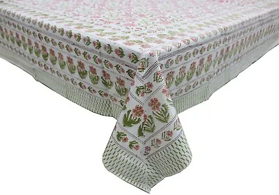 £39 • Buy Indian Hand Block Print Tablecloth 100%Cotton 150*220cm Pink Floral Rectangular