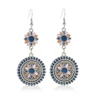 £3.99 • Buy Silver Multicolour Mosaic Floral Ethnic Boho Earrings UK