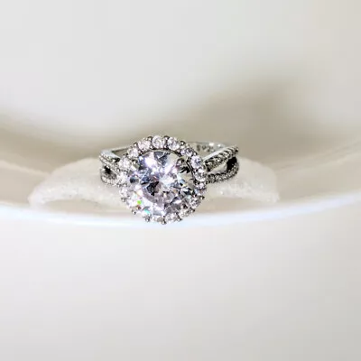 QVC Diamonique Epiphany Platinum Clad 3 Ct. Split Shank Halo Ring -Size 8 1/2-9 • $33