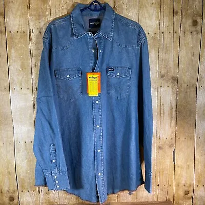 NEW! Wrangler Blue Denim Pearl Snap Western Work Shirt Men's Sz 2XT Cowboy Rodeo • $24.99