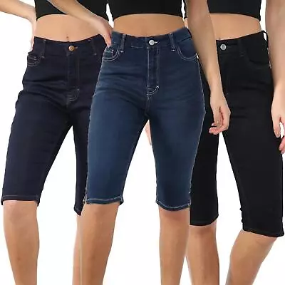 Womens Denim Shorts Magic Shaping High Waist Summer Knee Length Shorts • £14.99