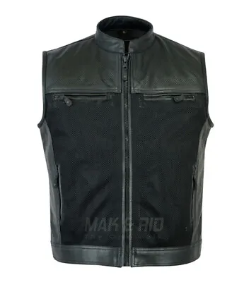 Men's Leather Mesh Vest Genuine Perforated Biker Motorcycle Waistcoat • $79.99